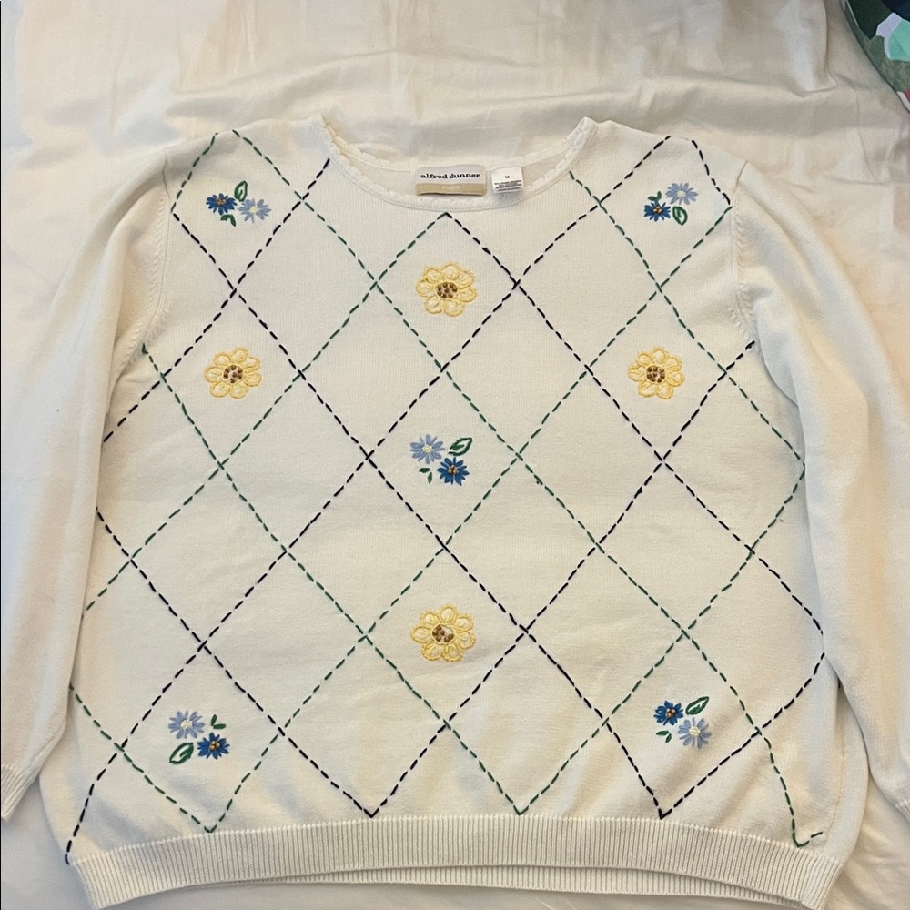 Alfred Dunner Flower Embroidered White Sweater